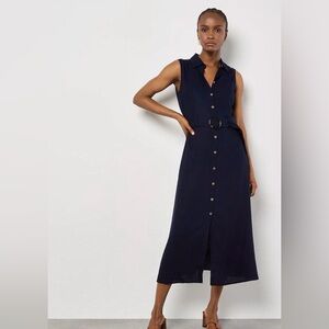 APRICOT 🍑- Sleeveless Navy Button-Front Midi Dress with Belt